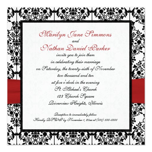 Red, White, and Black Damask Wedding Invitation