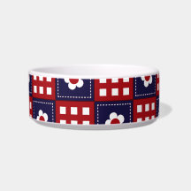 Red White and Blue Flower Patchwork Quilt Pattern Cat Food Bowl