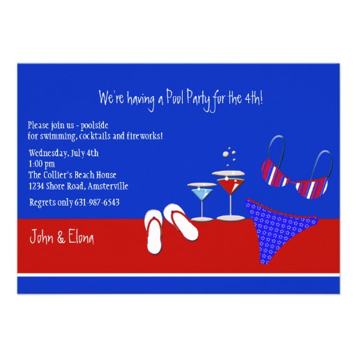 Red, White and Blue Pool Party Invitation (front side)