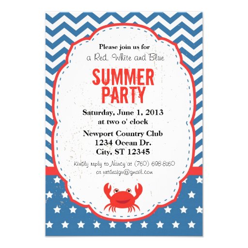 Red, White and Blue Summer Party Invitation (front side)