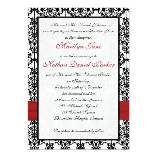 Red, White, & Black Damask II Photo Wedding Invite