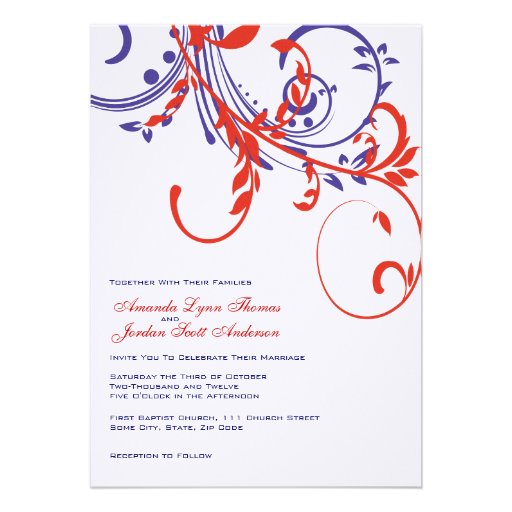 Red, White, Blue Double Floral Wedding Invitation (front side)