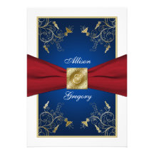 Red White Blue Floral Monogram Wedding Invitation
