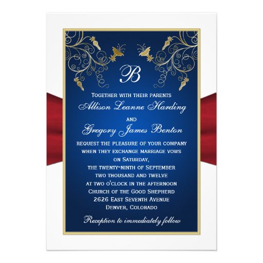 Red White Blue Floral Monogram Wedding Invitation