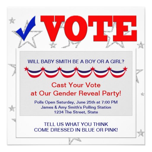 Red White Blue Gender Reveal Party Invitations (front side)