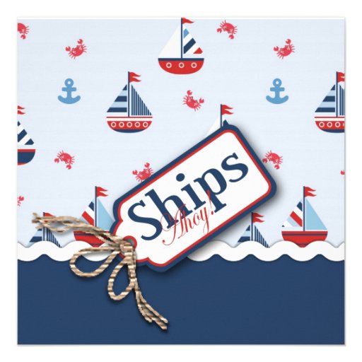 Red White Blue Nautical Ships Ahoy! Baby Shower S4 Personalized Announcement (front side)