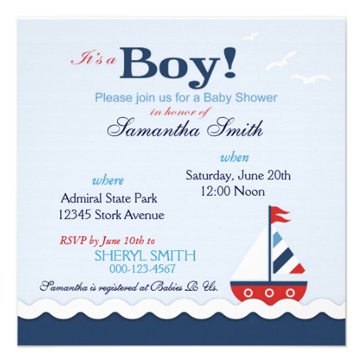 Red White Blue Nautical Ships Ahoy! Baby Shower S4 Personalized Announcement