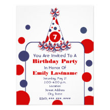 Red White & Blue Polka Dot Birthday Party Hat Invites