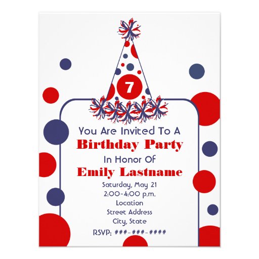 Red White & Blue Polka Dot Birthday Party Hat Invites (front side)