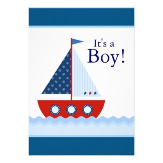Red White Blue Sailboat Baby Boy Shower Personalized Announcements