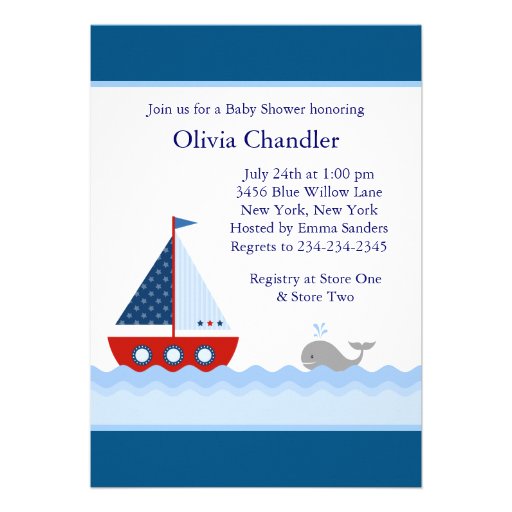 Red White Blue Sailboat Baby Boy Shower Personalized Announcements