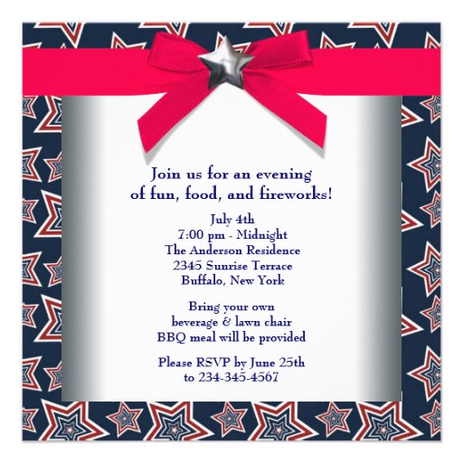 Red White Blue Stars 4th of July BBQ Party Custom Invites