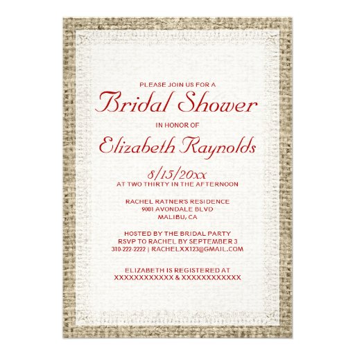 Red & White Burlap Bridal Shower Invitations