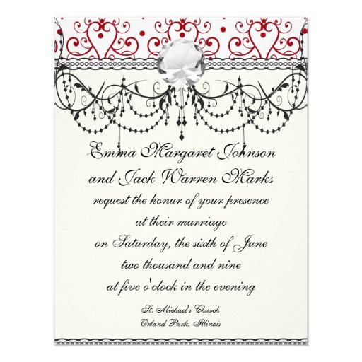 red white chandelier heart damask personalized invitation