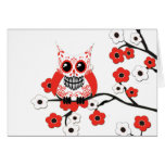 Red White Cherry Blossom Owl Card