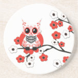 Red White Cherry Blossom Owl Coaster