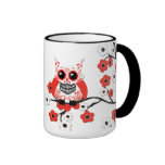 Red White Cherry Blossom Owl Mug