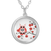 Red White Cherry Blossom Owl Necklace