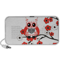 Red White Cherry Blossoms Owl Doodle PC Speakers