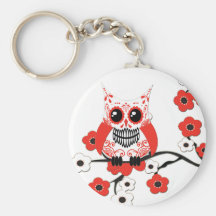 Red White Cherry Blossoms Owl Keychain
