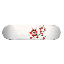 Red White Cherry Blossoms Owl Skateboard