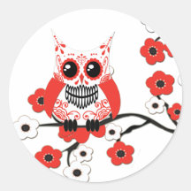 Red White Cherry Blossoms Owl Sticker