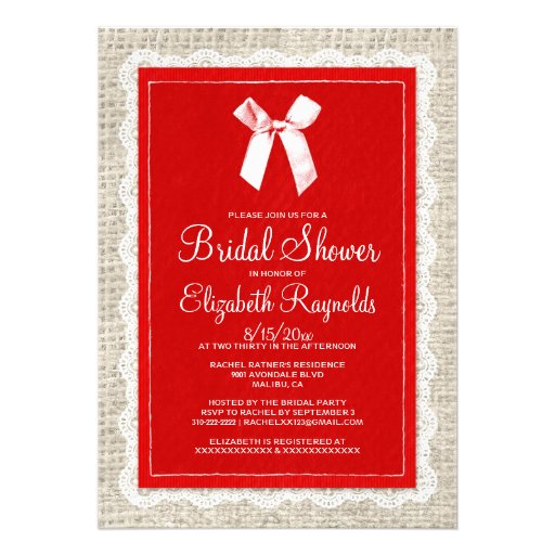 Red White Country Burlap Bridal Shower Invitations