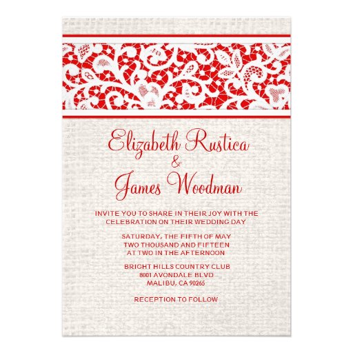 Red White Country Burlap Linen Wedding Invitations