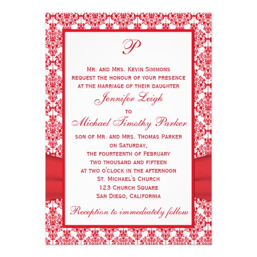 Red & White Damask & Hearts Photo Invitation