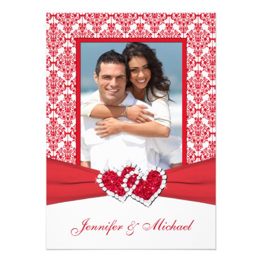 Red & White Damask & Hearts Photo Invitation