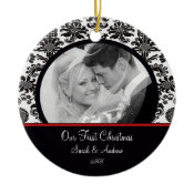 Red &amp; White Damask Photo First Christmas Ornament