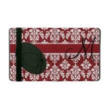 Red White Damask, Your Monogram Black iPad Cover