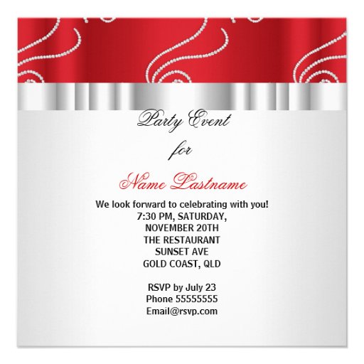 Red White Jewel Diamonds Silver Birthday Invitation