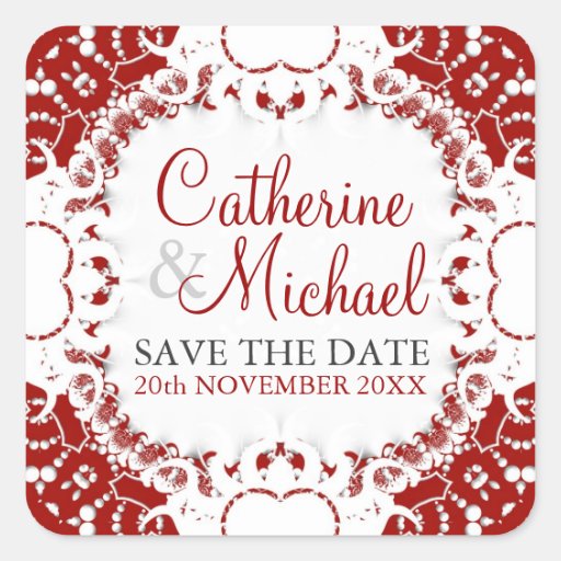 Red+White Lace Wedding Announcement Sticker