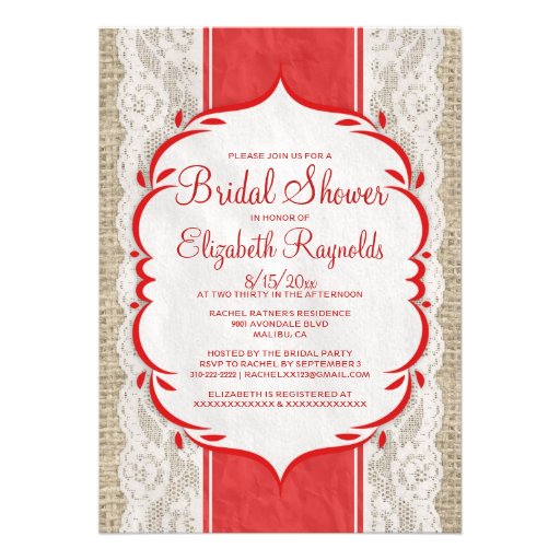 Red White Linen Burlap Lace Bridal Shower Invites