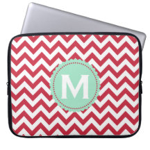 Red White Monogram Chevron Pattern Laptop Computer Sleeve