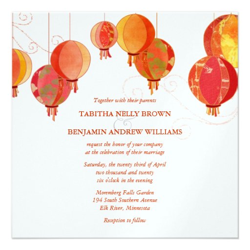 Red White Paper Lanterns Wedding (Metallic Ice) Personalized Invitations (front side)