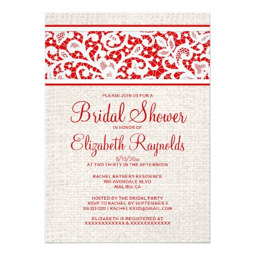 Red White Rustic Burlap Linen Bridal Shower Invite