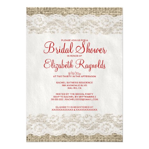 Red & White Rustic Lace Bridal Shower Invitations