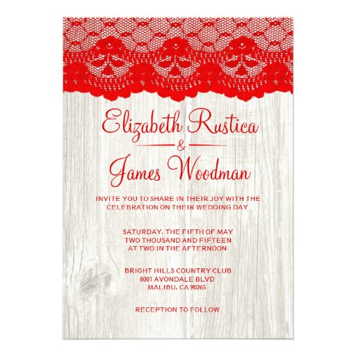 Red & White Rustic Lace Wood Wedding Invitations