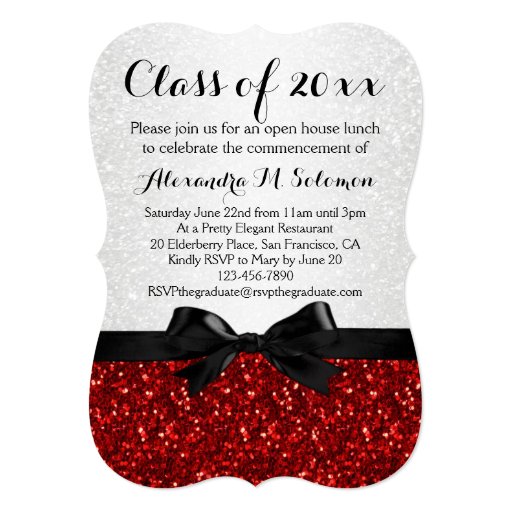 Red/White Sparkly Bow Shaped Graduation Invitation Personalized Invite