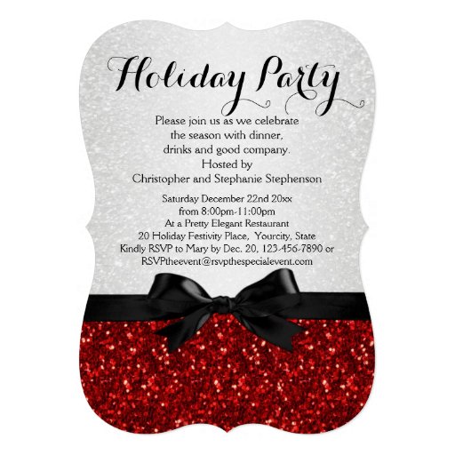 Red/White Sparkly Bow Shaped Holiday Party Custom Announcements (front side)