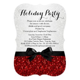 Red/White Sparkly Bow Shaped Holiday Party 5x7 Paper Invitation Card