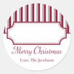 Red white stripe frame Christmas holiday gift tag Round Stickers
