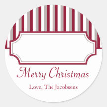 Red white stripe frame Christmas holiday gift tag Round Stickers