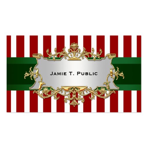Red White Stripe, Green Ribbon, Gold Framed Label Business Cards (front side)