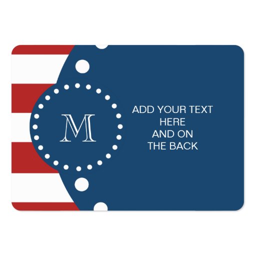 Red White Stripes Pattern, Navy Blue Monogram Business Card Template