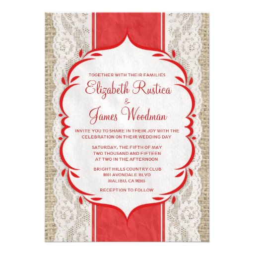 Red & White Vintage Linen Lace Wedding Invitations