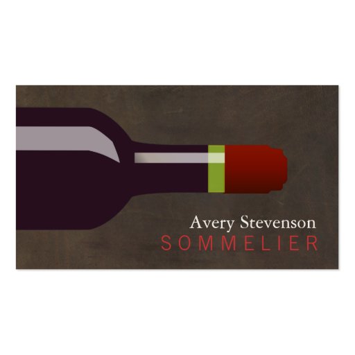 Red Wine Bottle Sommelier Brown Leather Look Business Card Template (front side)