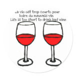 RED WINE GLASSES WITH FRENCH ENGLISH QUOTE ROUND STICKERS
